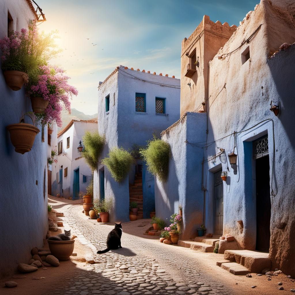 Moroccan Girl and Cat on Twisty Village Street