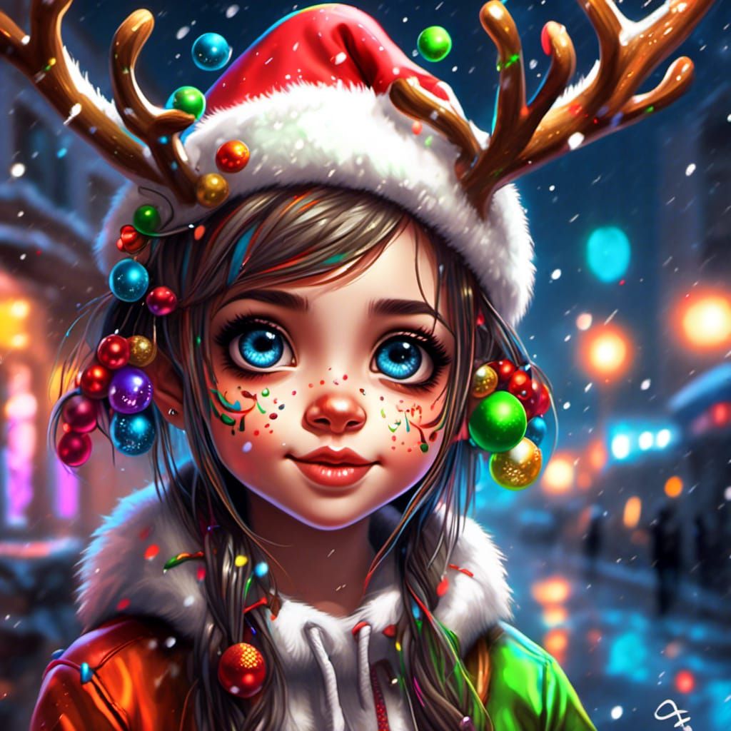 Cute Christmas Elf Girl in Graffiti Art Style