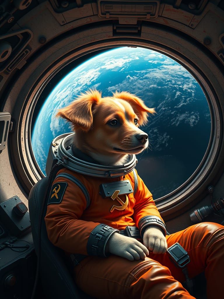 Retro-Futuristic Canine Cosmonaut in Space