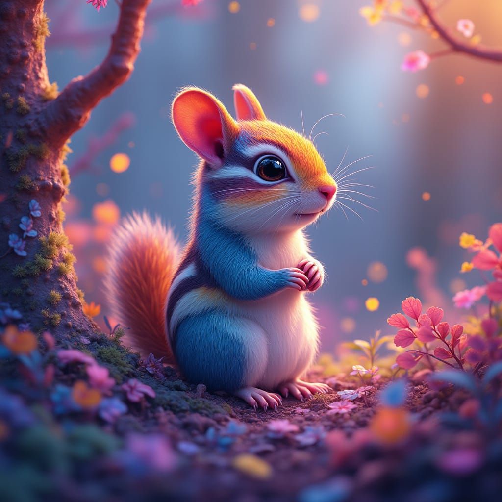 Vibrant Rainbow Wonderland with Chipmunk and Iridescent Tree...