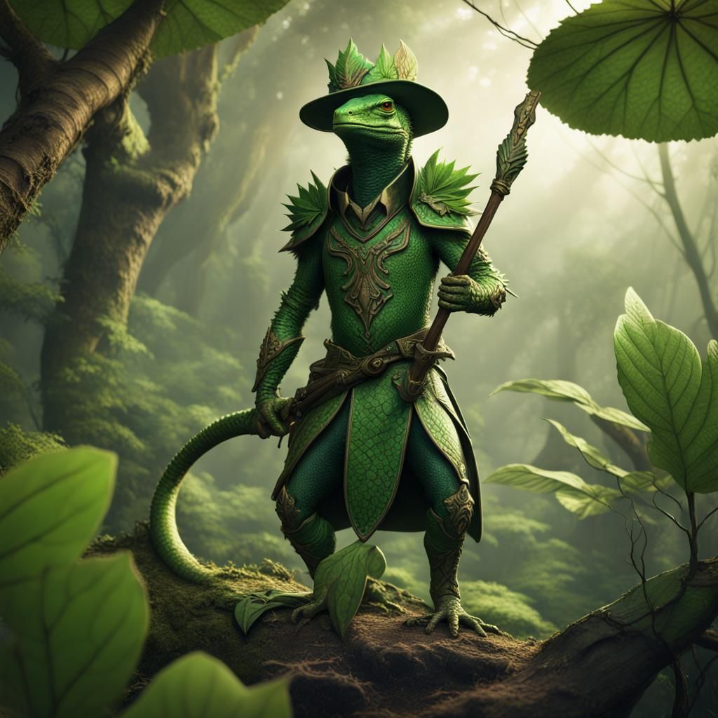 Lizard Folk Druid with Leaf Armor, Detailed Matte Painting