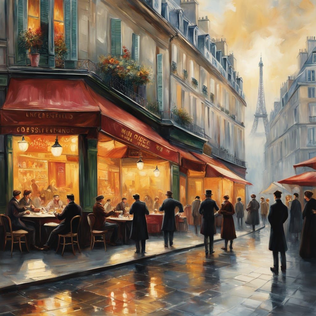Vibrant Parisian Cafe Scene in Impressionist Style