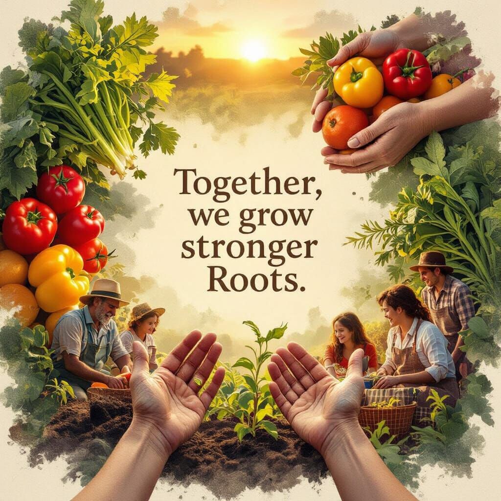 Maximalist Collage Poster of Produce, Hands, and Gatherings