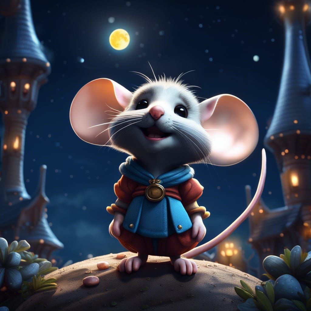 Cute Mouse Girl Gazing at Moon, Detailed Matte Painting