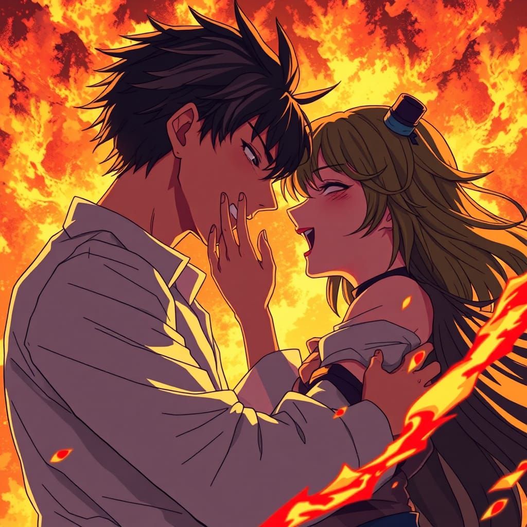Dynamic Anime Scene of Fiery Connection