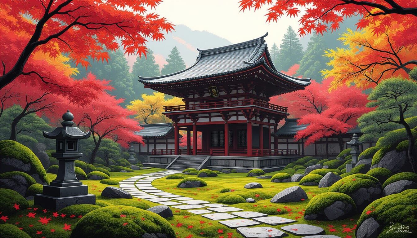 Zen Temple in Autumn Garden with Chiaroscuro Lighting
