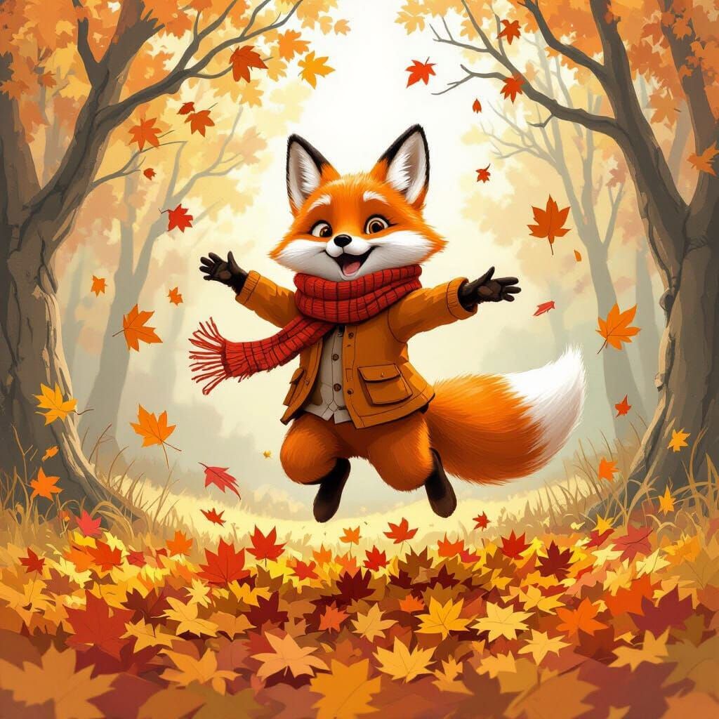 Whimsical Fox Frolics in Autumn Leaves