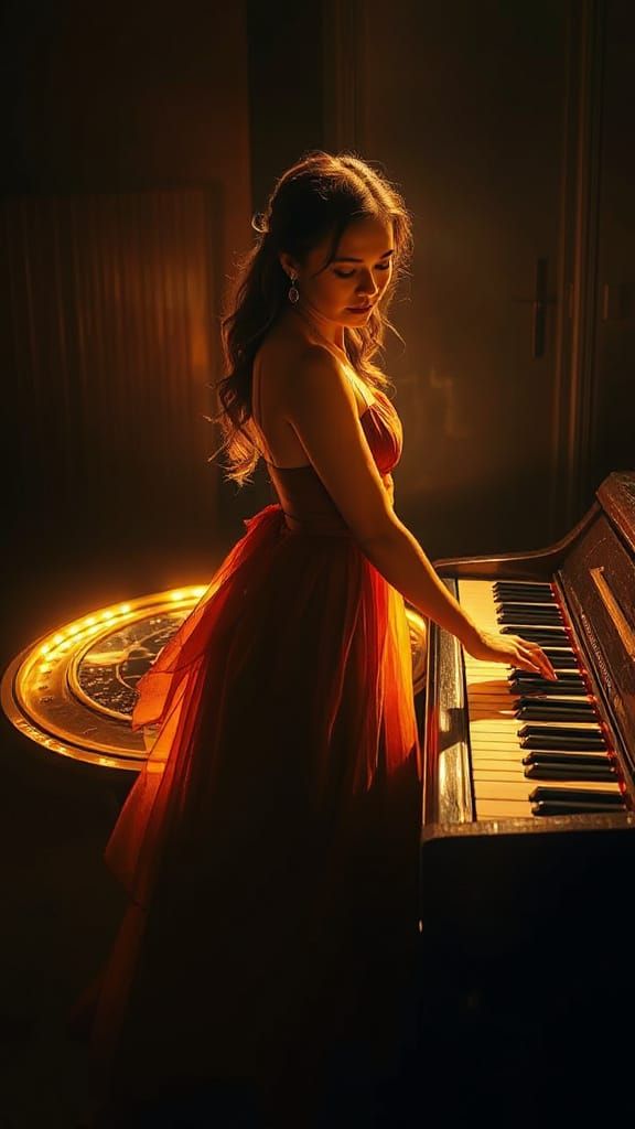 Mystical Woman and Piano Keys in Graffiti Art Style