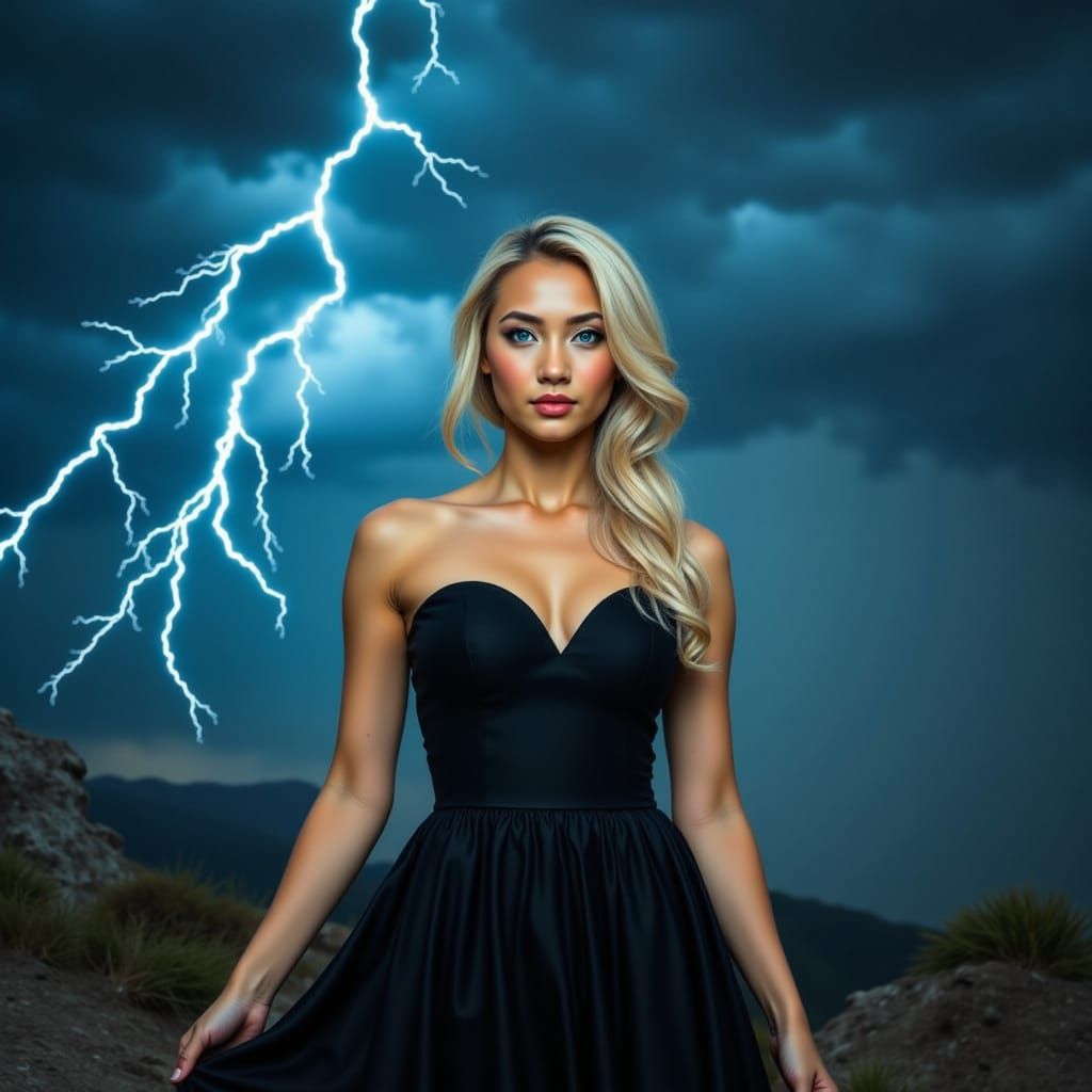 Asian Woman in Lightning Storm, Art Nouveau Style