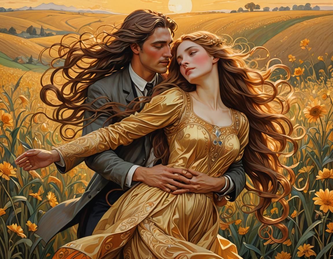 Romantic Embrace in Golden Field: An Art Nouveau Vision