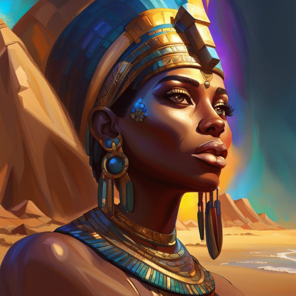 Hyperrealistic Egyptian Goddess on African Beach