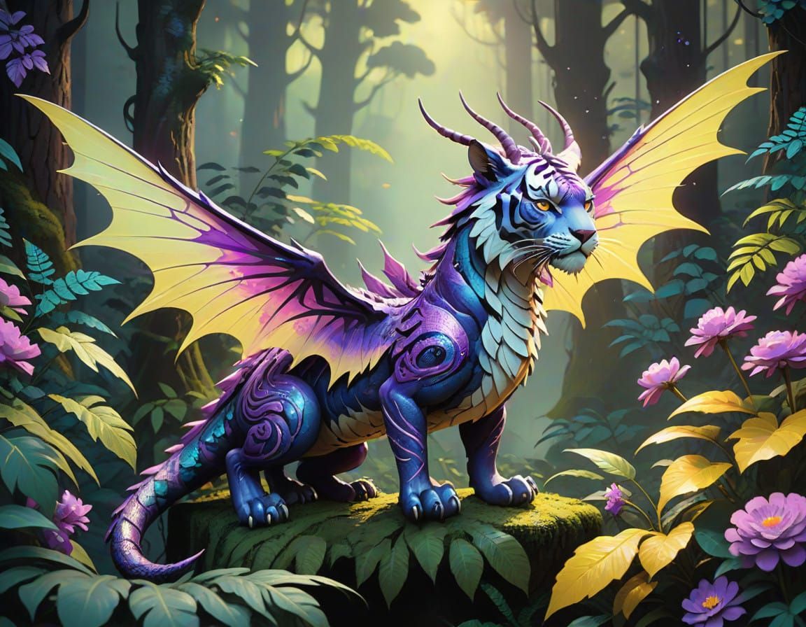 Majestic Fairy Dragon Tiger in a Whimsical Forest Landscape