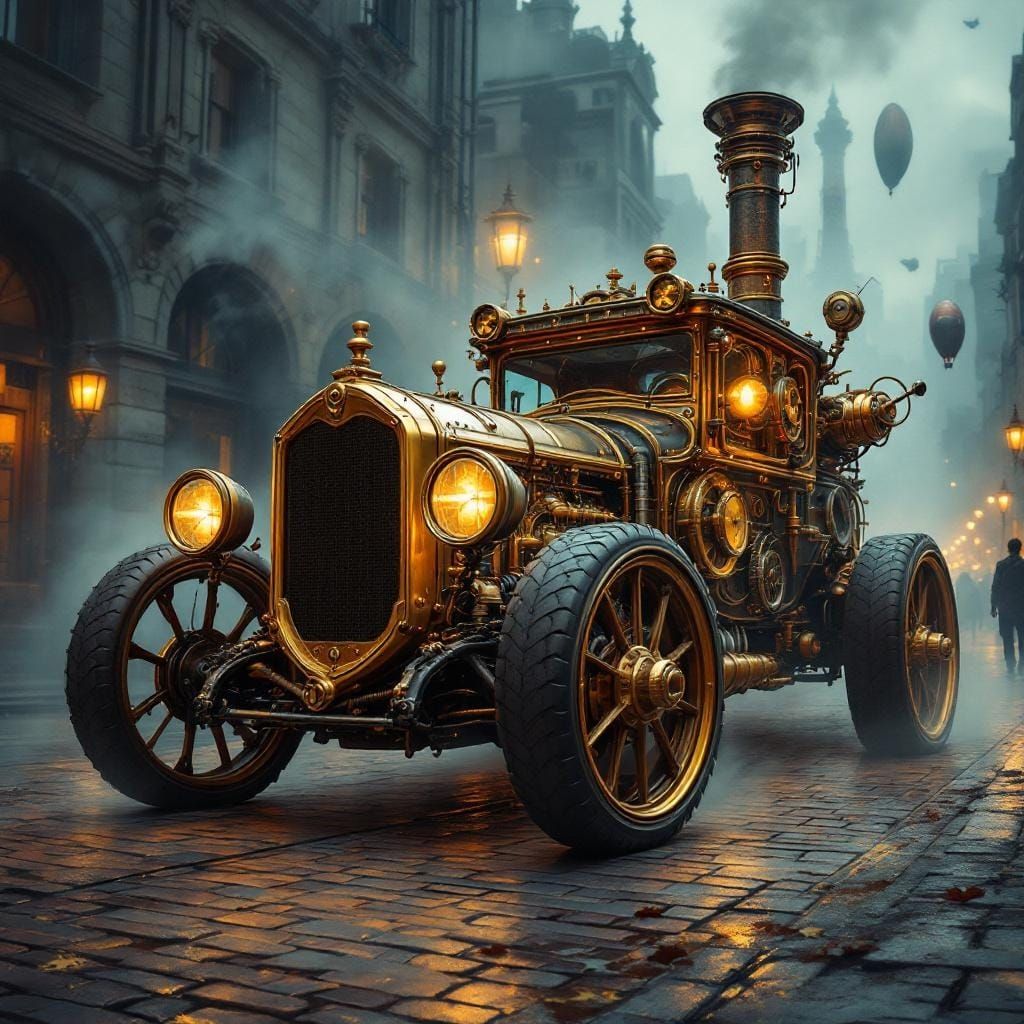 Steampunk Car with Clockwork Gears on Foggy Street