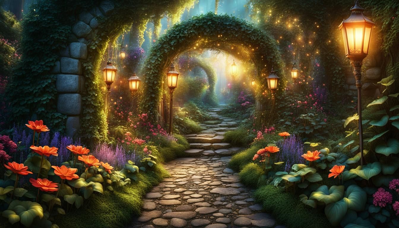 A whimsical garden path winding through a magical garden filled with fantastical flowers and plants.