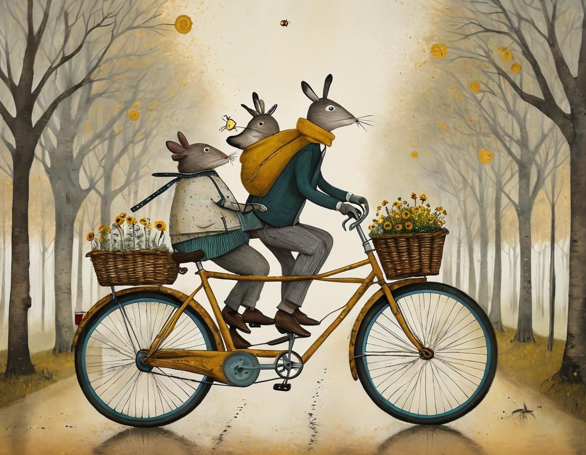 Whimsical Tandem Bike Ride in Naive Art Style