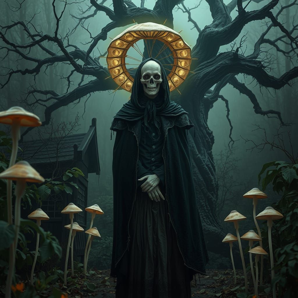 Cadaverous Figure in Overgrown Victorian Garden