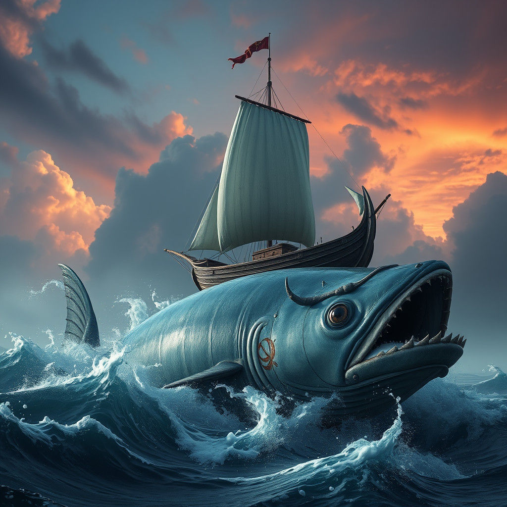 Boat on Colossal Fish in Dreamlike Setting