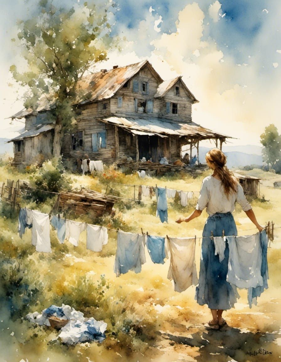 Watercolor of Woman Hanging Laundry at Farmhouse