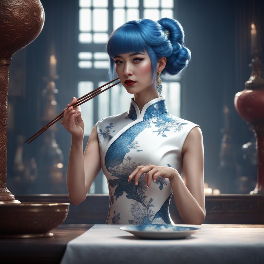 Woman in Cheongsam: Detailed Matte Painting