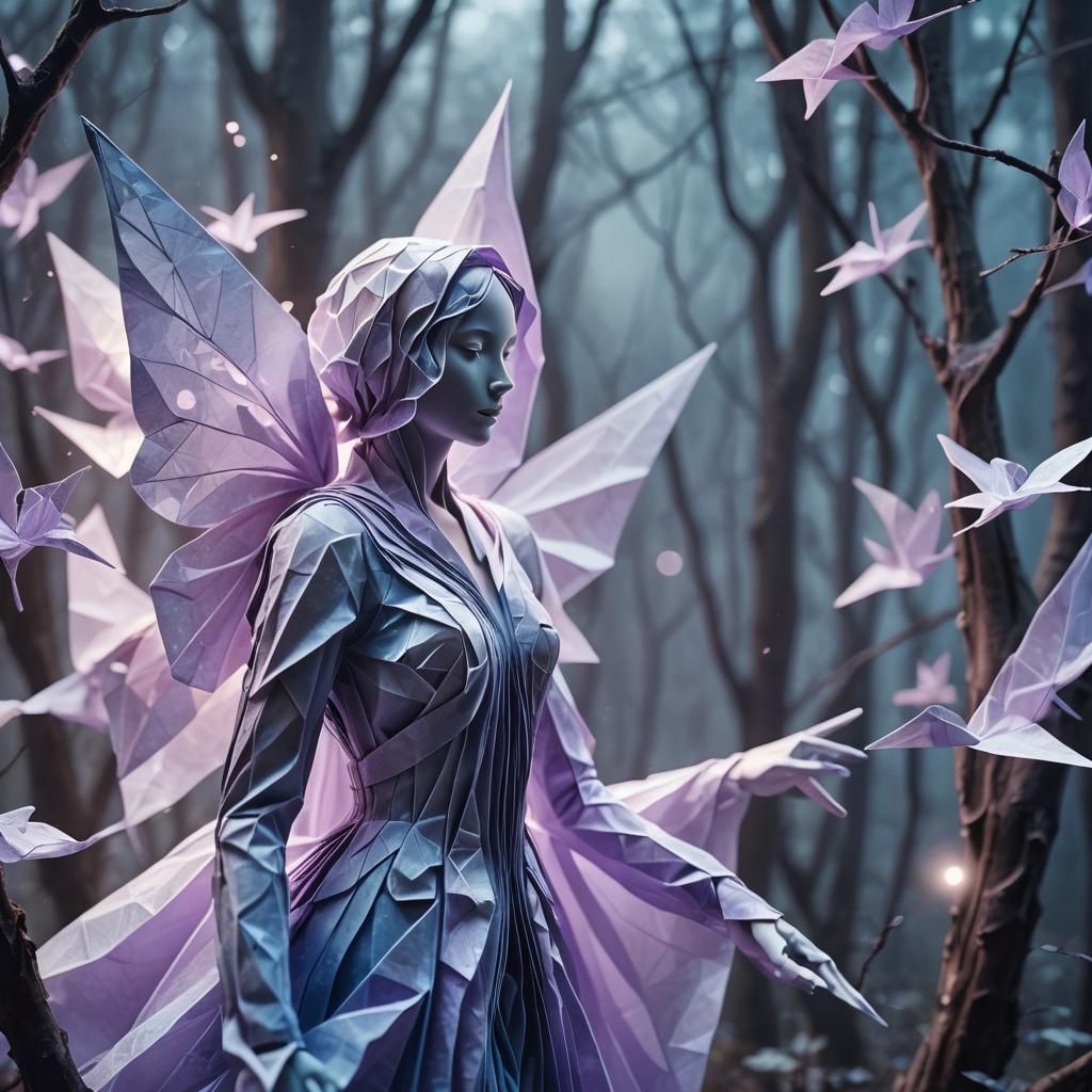 Luminescent Origami Figure in Moonlit Forest
