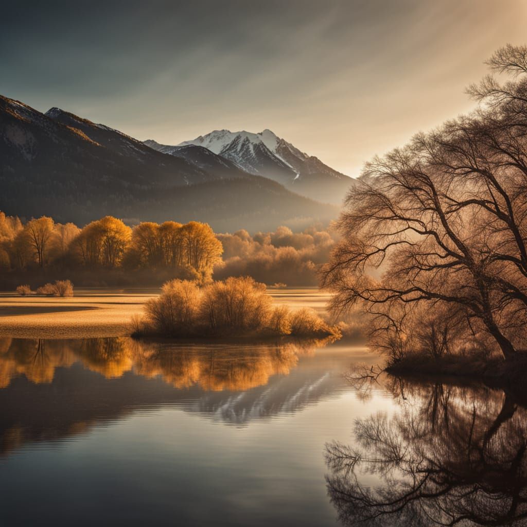 Peaceful Lake Landscape with Lone Tree