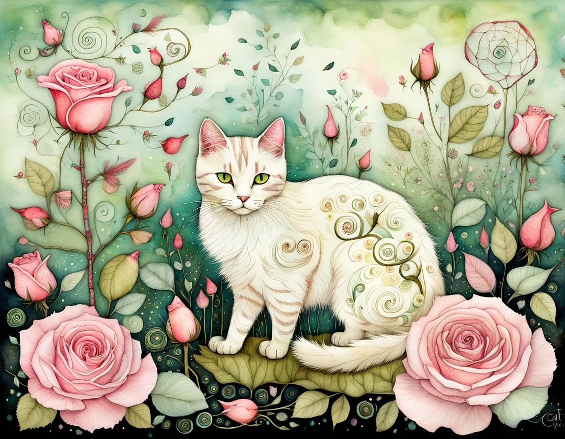 Ivory Cat in Magical Garden: Surreal Watercolor Art