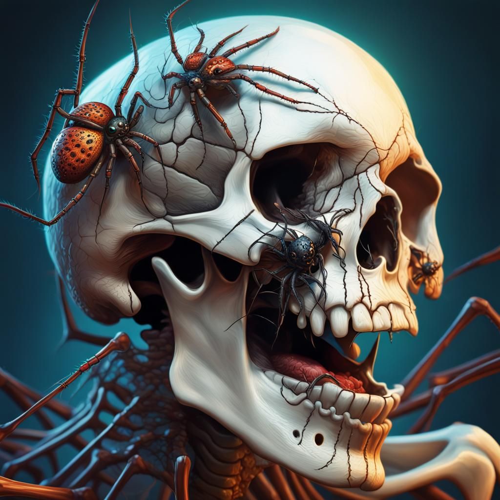 Hyperrealistic Skull with Spiders Splash Art