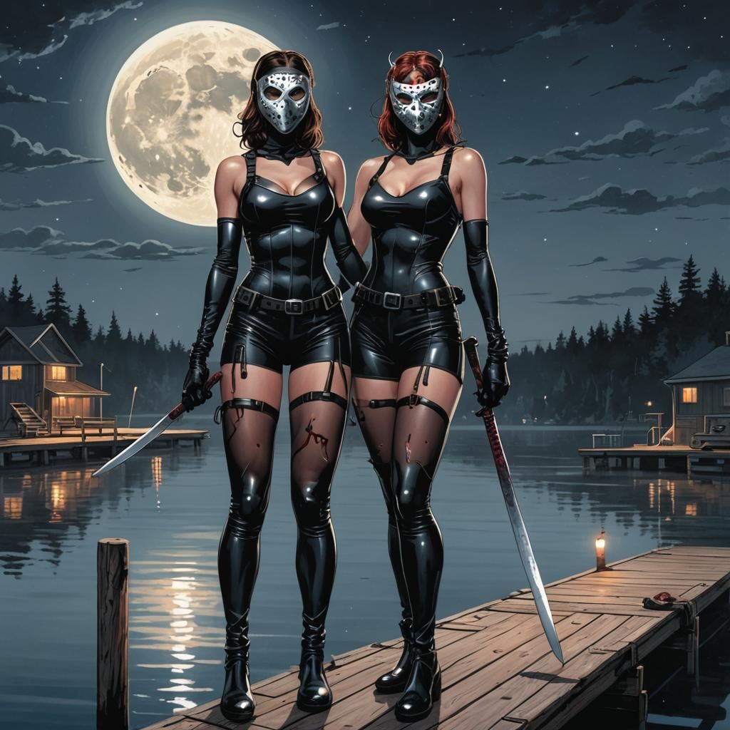 Woman with Hockey Mask on Dock in Comic Art