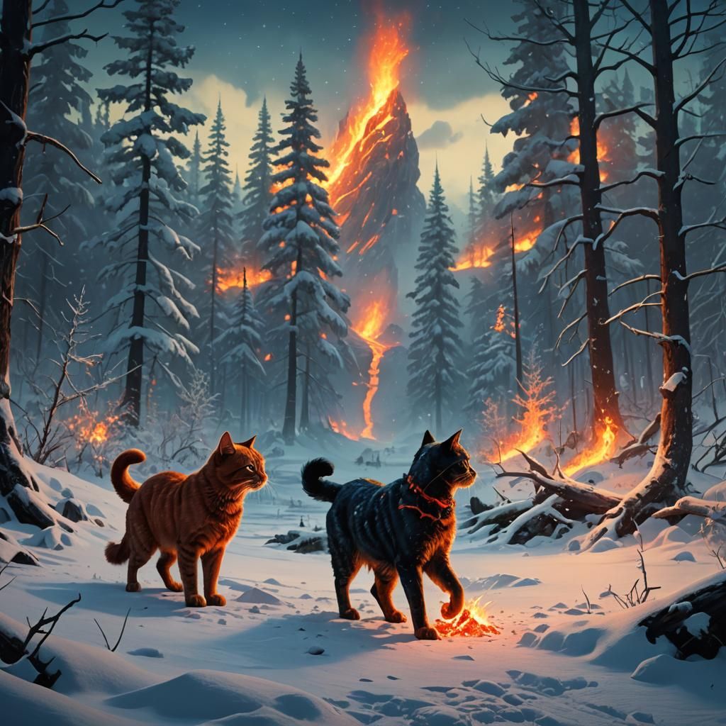 Cat and Lava Dog in Snowy Forest