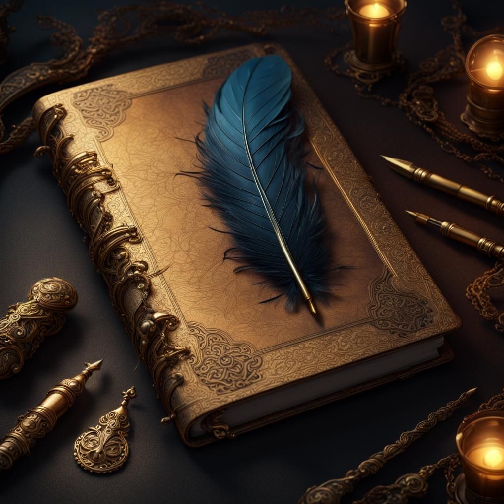 Glowing Antique Diary with Feather Pen in Golden Light