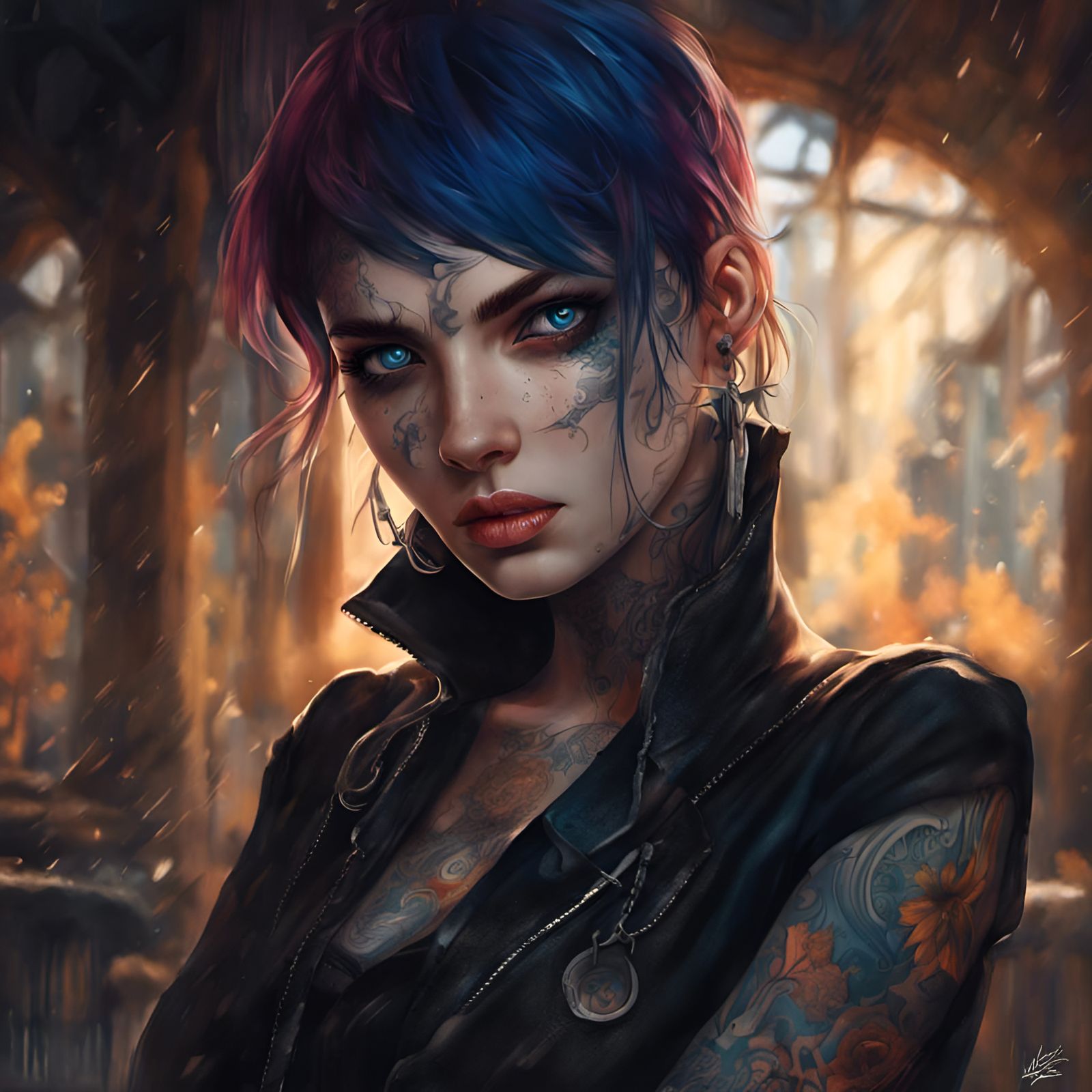 Detailed Gothic Girl Portrait with Tattoos