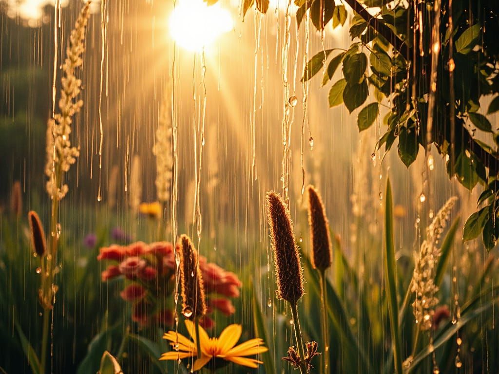 Raining raining falling droplets sunny Quick shutter speed Garden of Eden summer rain vista golden hour illustration hyp...