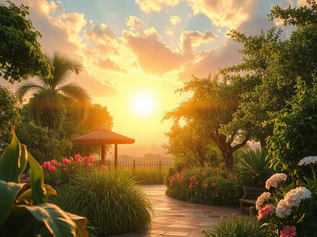 Raining raining falling droplets sunny Quick shutter speed Garden of Eden summer rain vista golden hour illustration hyp...