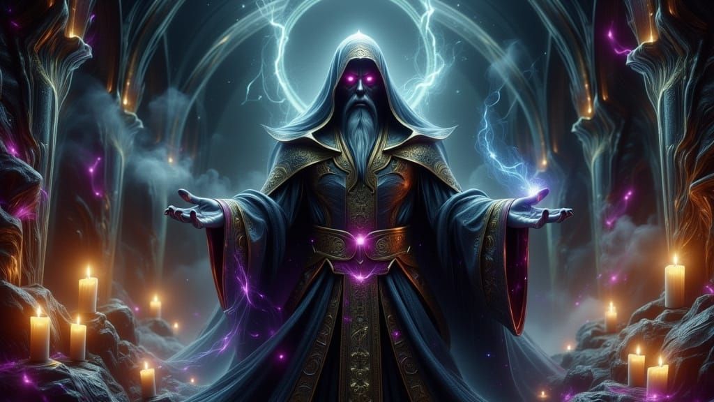 Mystical Wizard Arzadon in a Dark Candle-Lit Hall