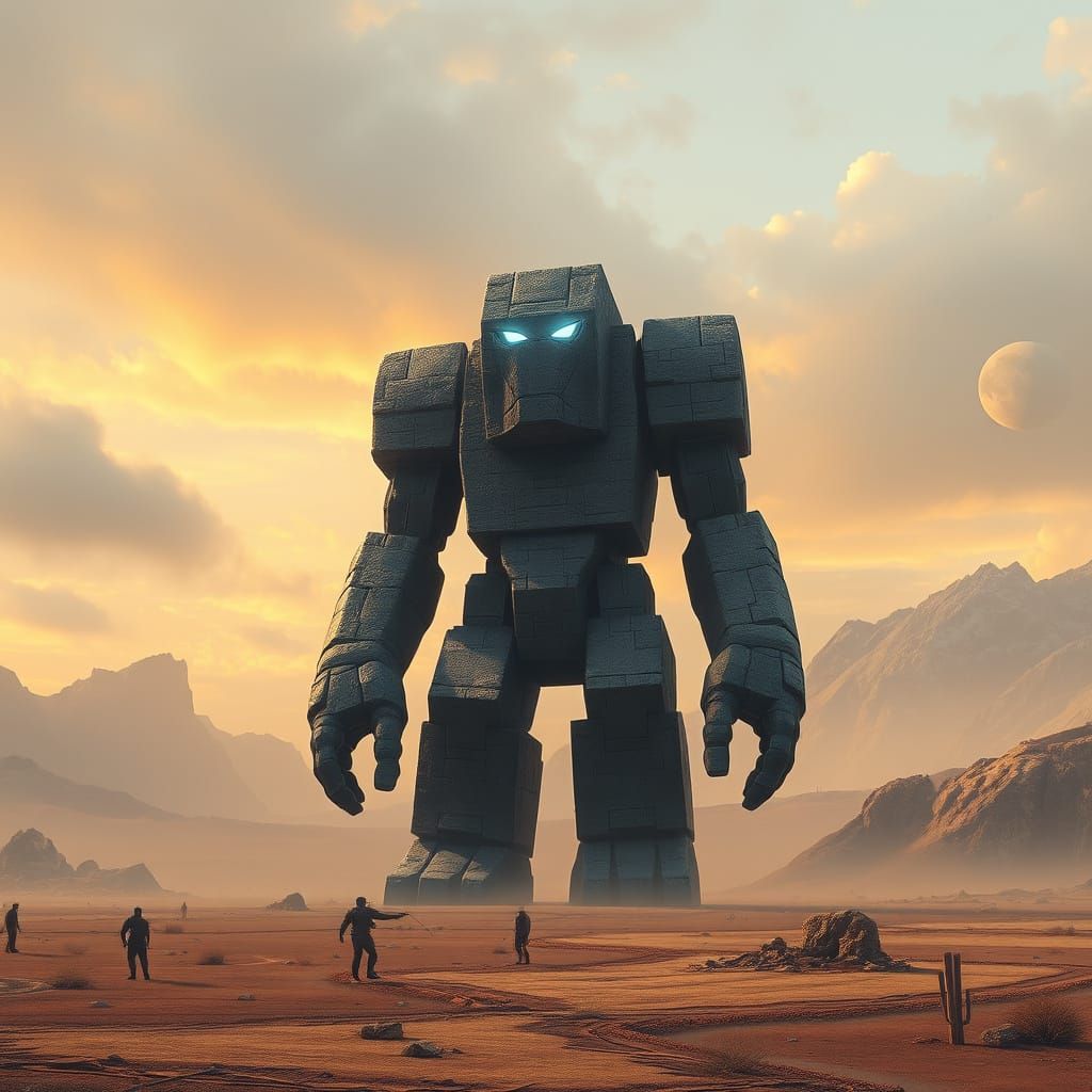 Ancient Stone Golem Guardians Fantasy Landscape