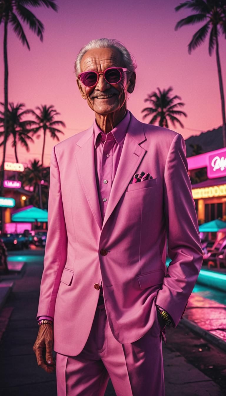 Charismatic Man in Pink Suit, Neon Synthwave Style