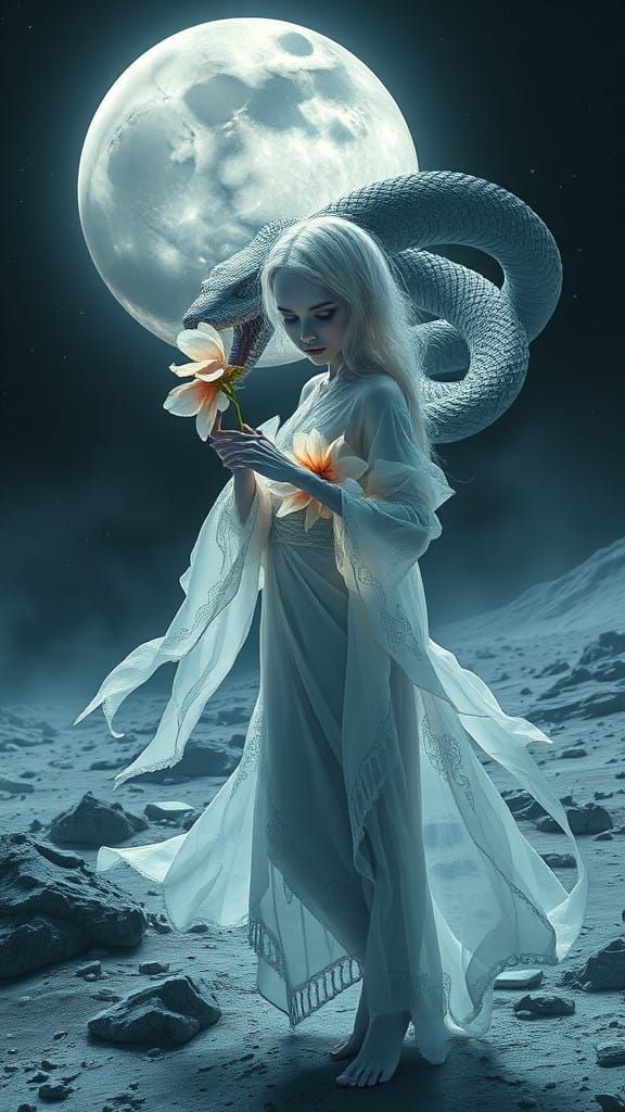 Ethereal Fusion Ghost Girl in Lunar Landscape