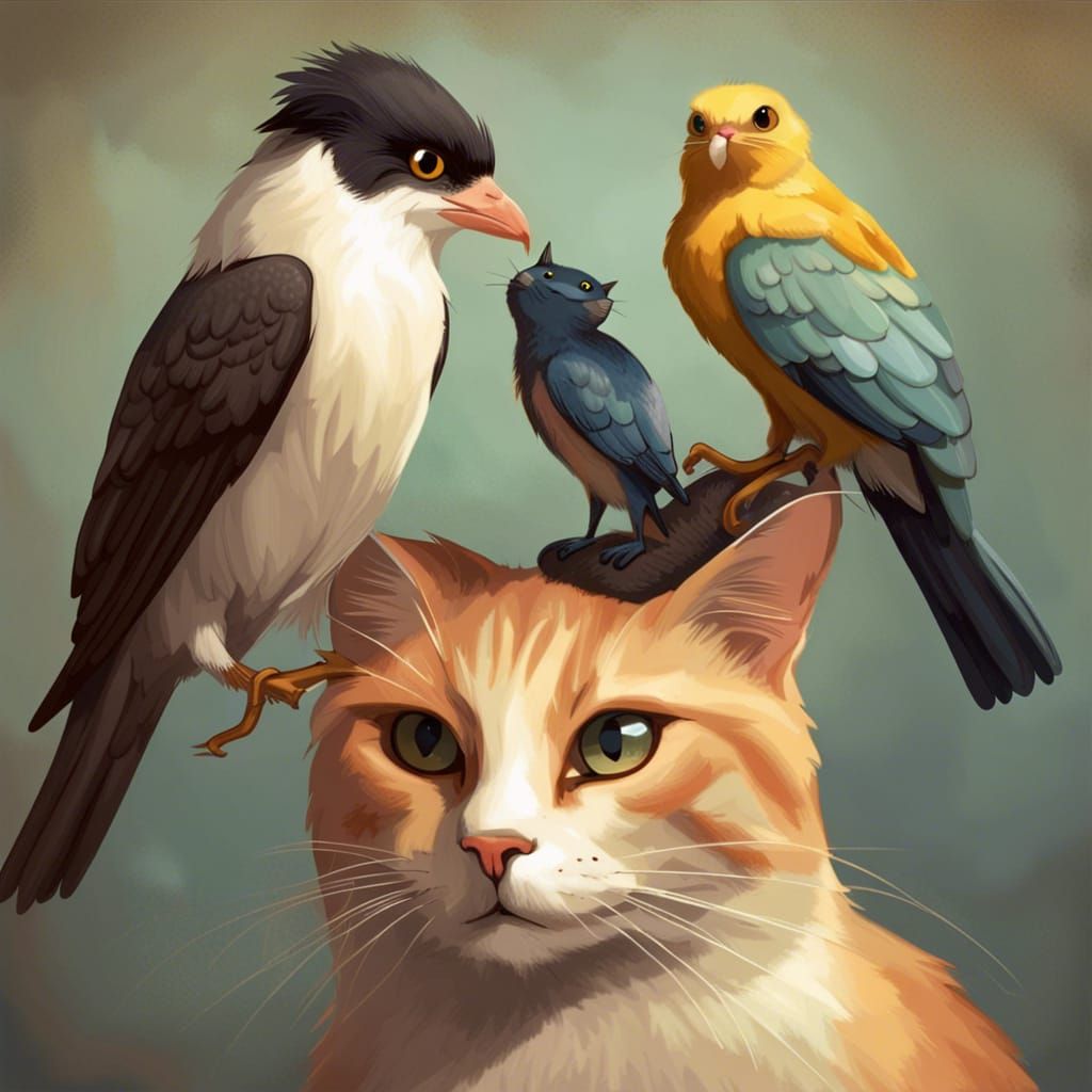 Bird Perched on Cat's Head: Affectionate Gaze