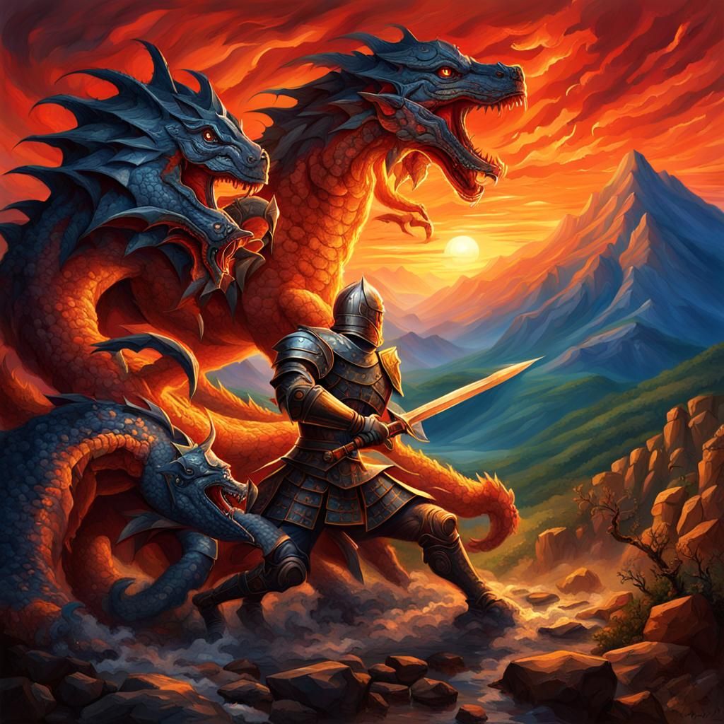 Hydra and Knight Battle at Sunset
