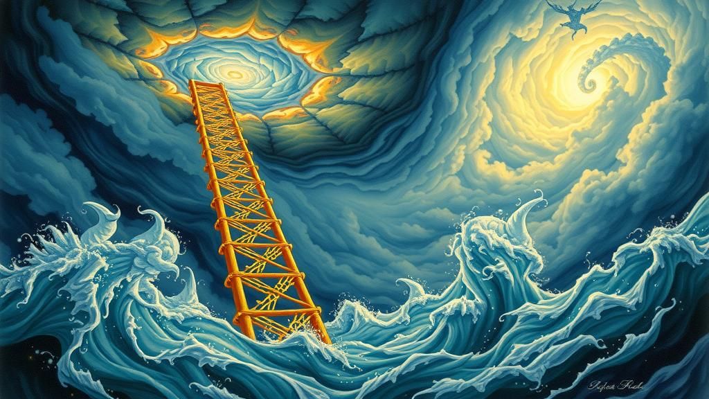 Colossal Ladder Pierces Storm in Dreamlike Style