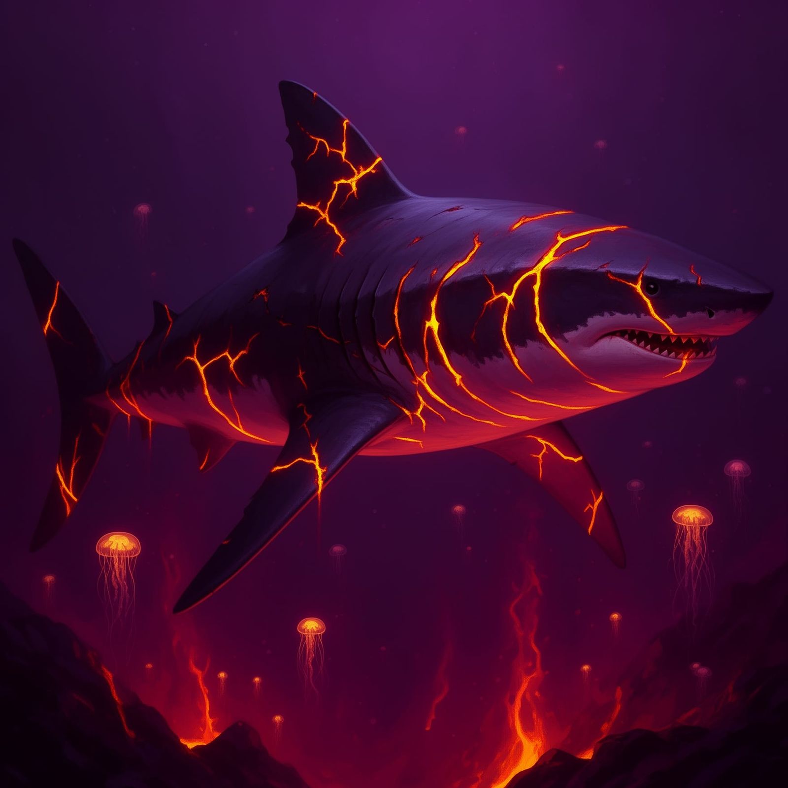 High-Fantasy Megalodon Illuminated by Bioluminescent Depths