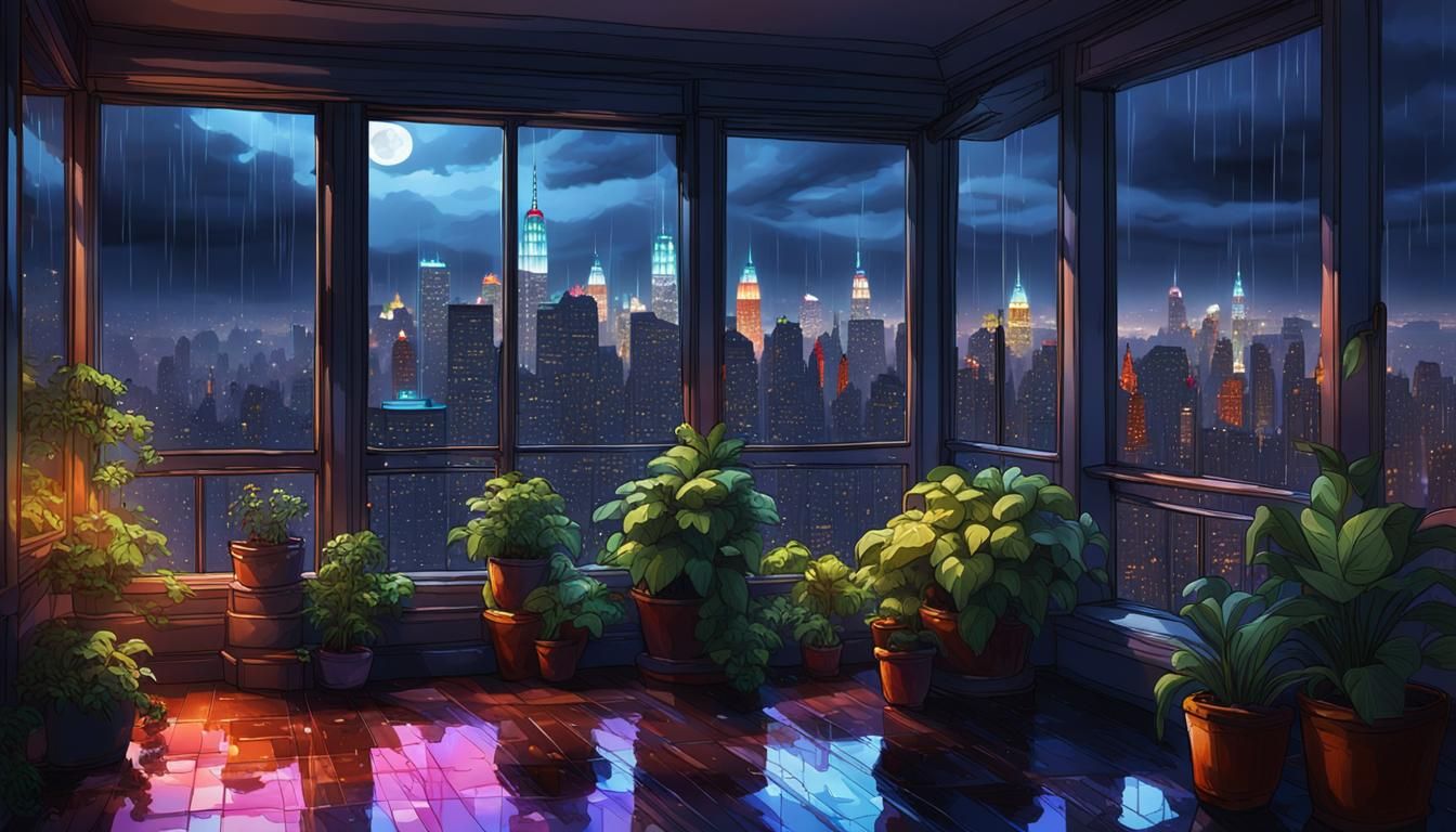 Rainy Night City View from Manhattan Penthouse