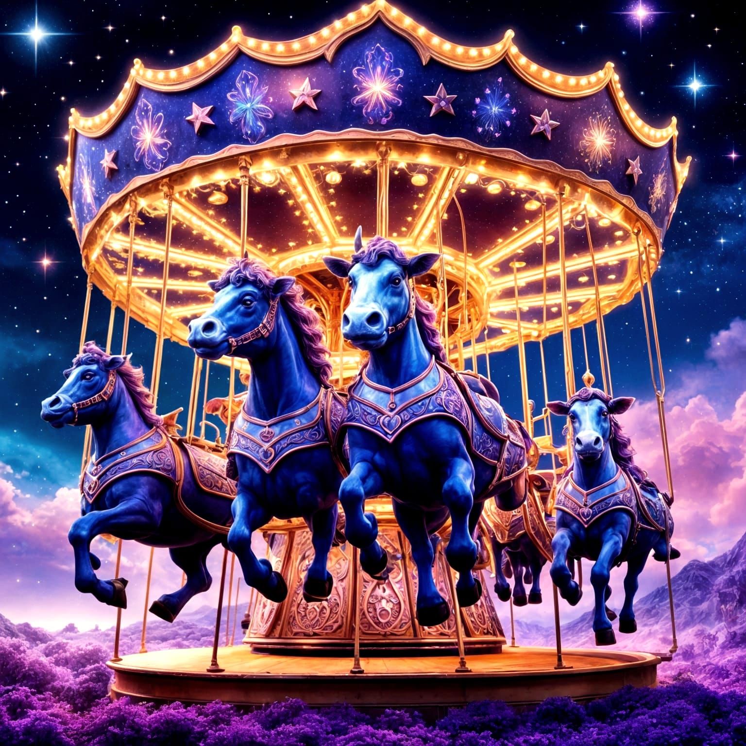 Cosmic Carousel Ride with Purple Cows