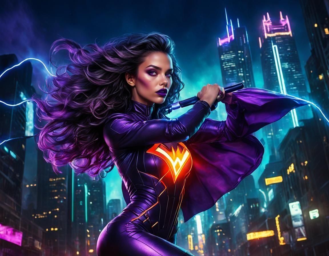 Superhero Woman in Gotham, Comic Book Style