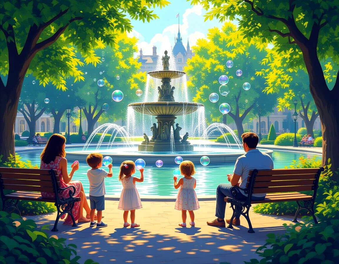 Children Playing Bubbles in Park, Digital Painting