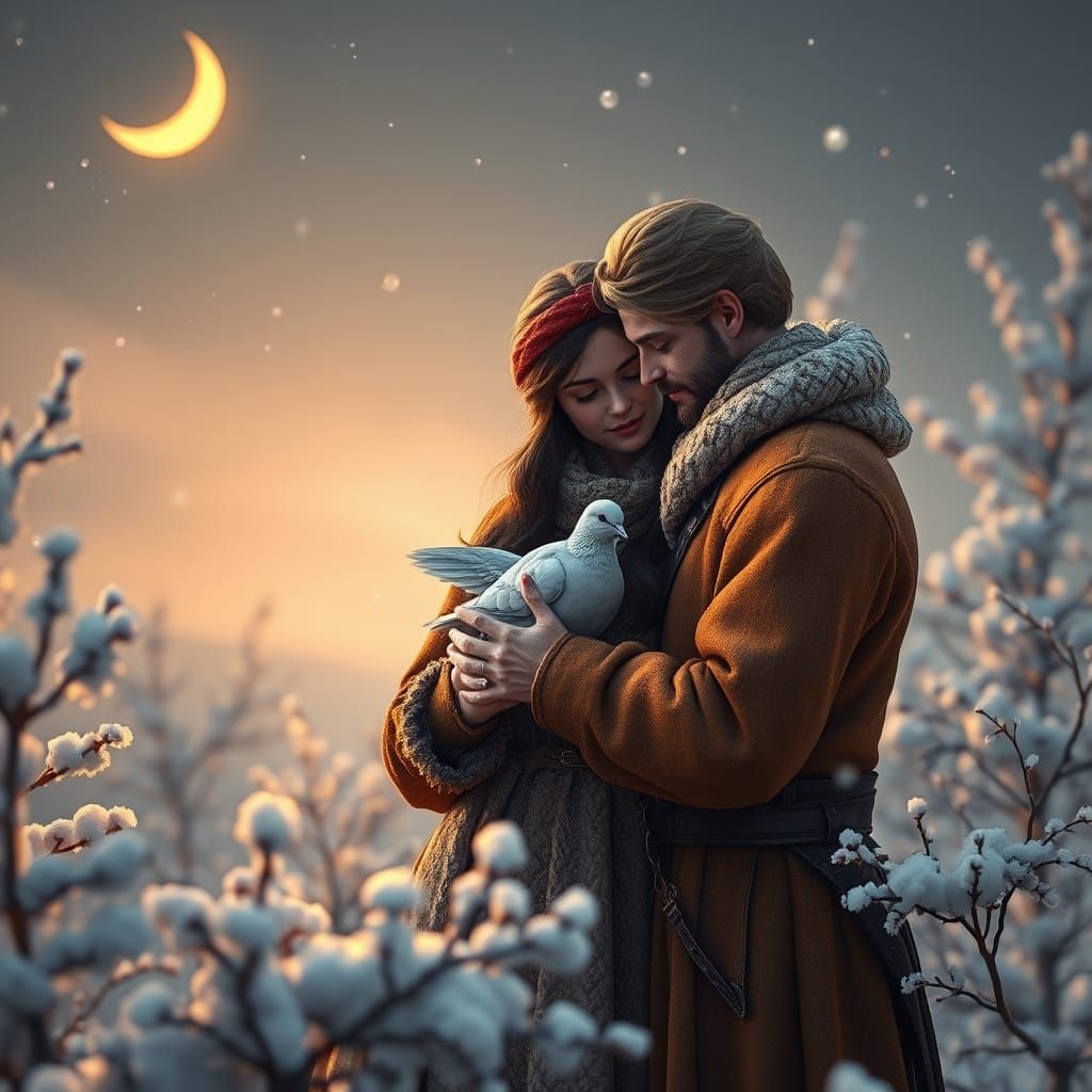 Enchanted Winter Moment with Gentle Dove and Lovers