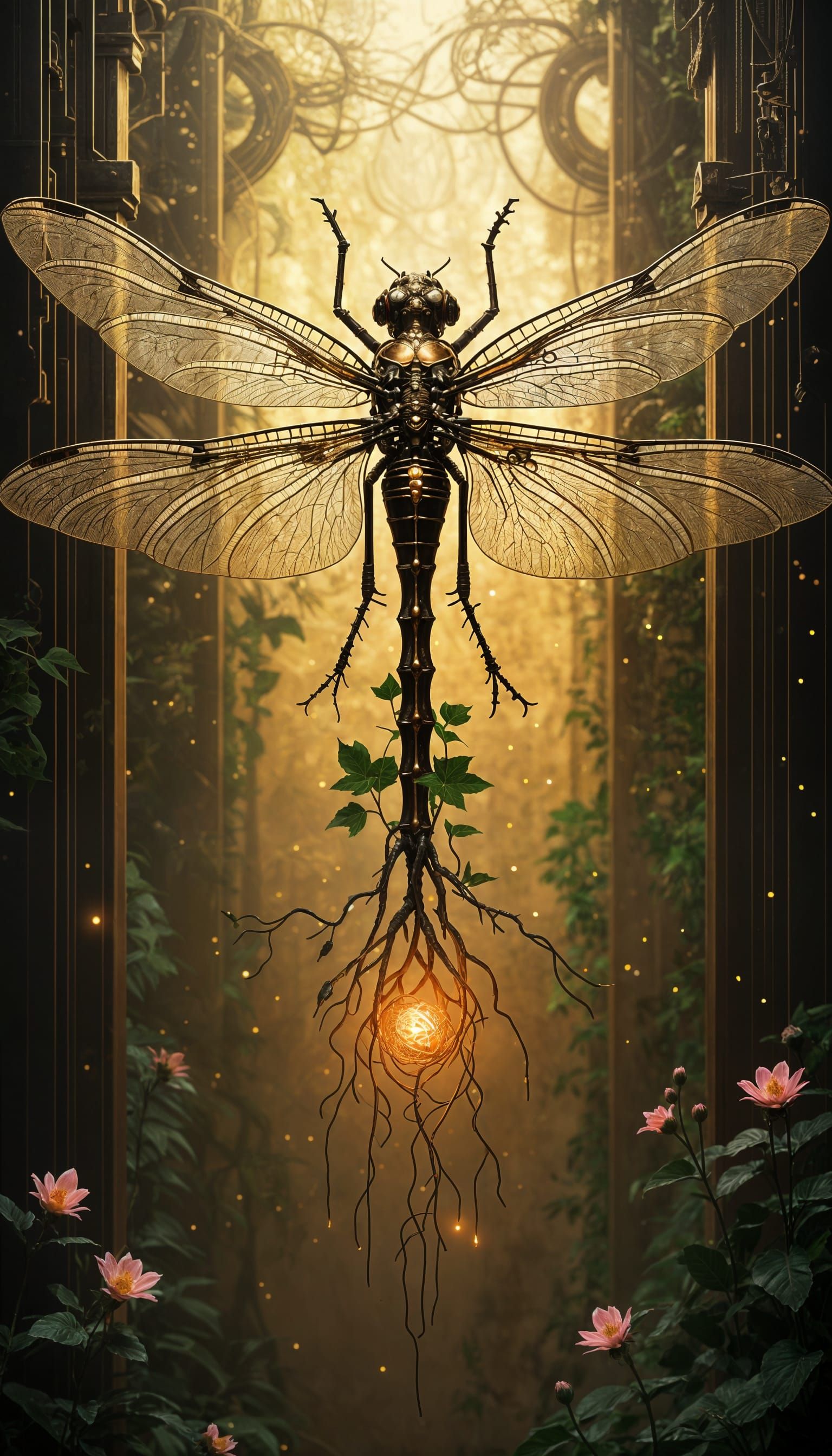 Biomechanical Dragonfly in Golden Void, Retro-Tech Inkwork