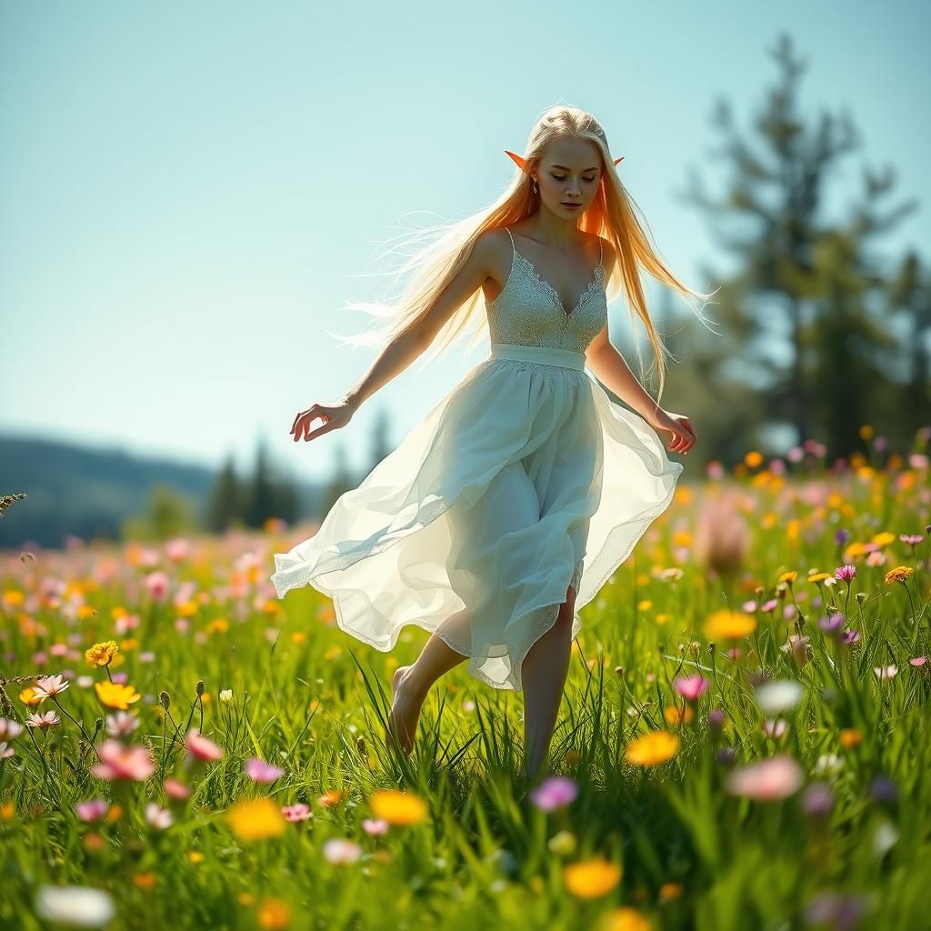 Elf Woman Glides Through Vibrant Sunlit Meadow
