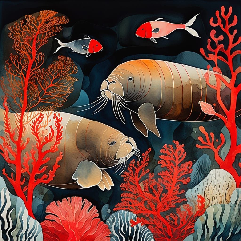 Underwater Scene with Walrus Double Exposure, Coral, and Fis...