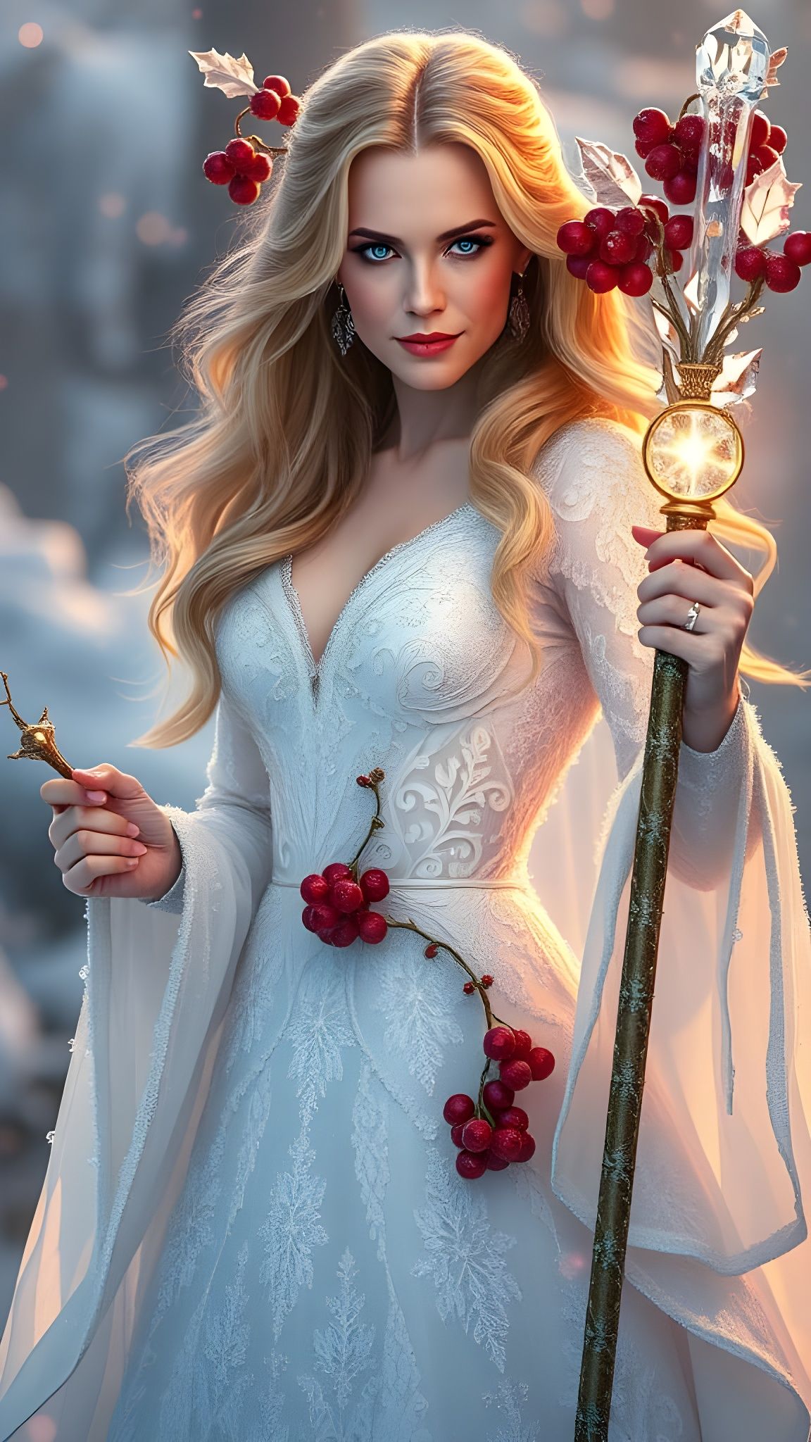 Regal Ice Queen in Shimmering White Gown with Glowing Holly...